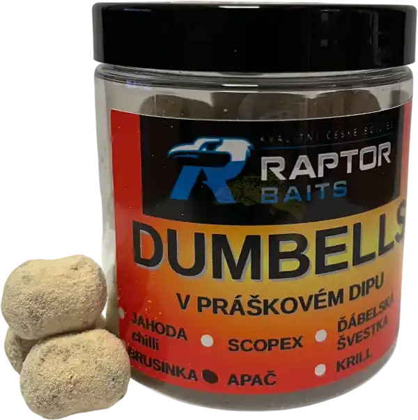 RAPTOR BAITS Dumbells v praškové dipu Apač (koření) 250ml | Profesionální kvalita